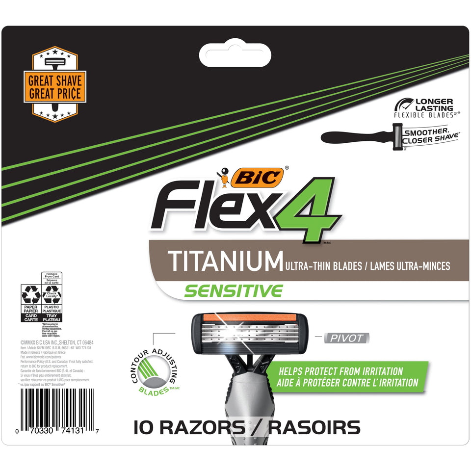 BIC Flex 4 Sensitive front packaging showing 10 disposable razors and benefits