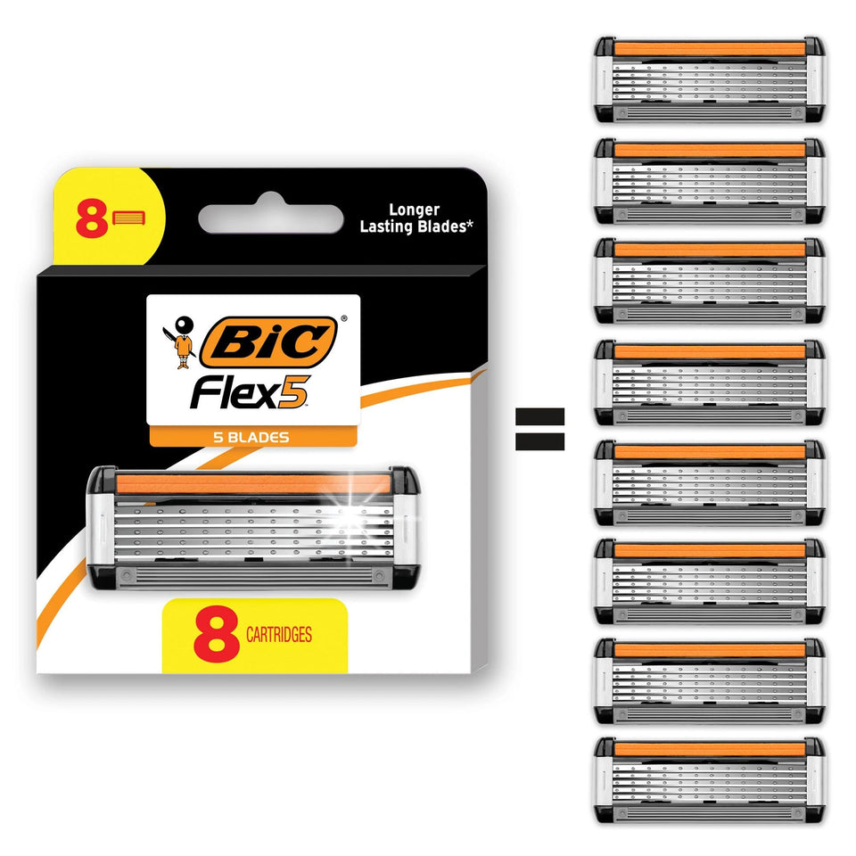 BIC front packaging showing eight Flex 5 cartridges and value