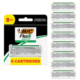 BIC Flex 5 Sensitive front pack showing eight refill cartridges and benefits