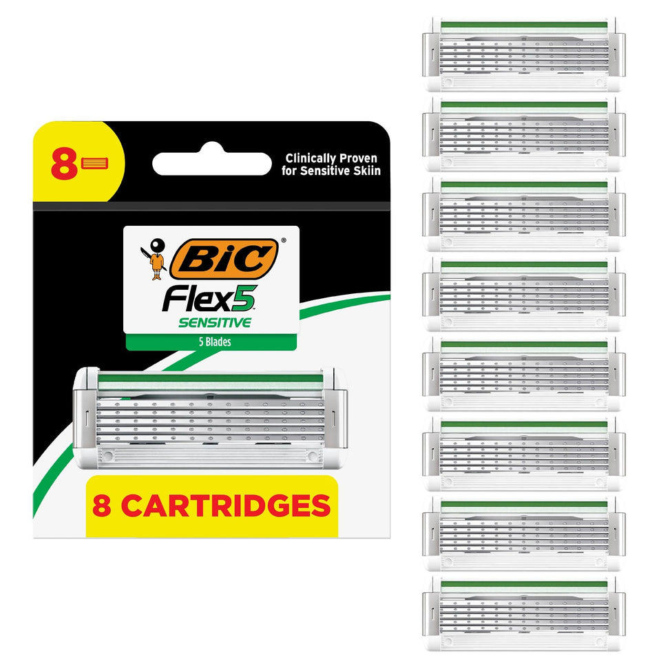 BIC Flex 5 Sensitive front pack showing eight refill cartridges and benefits