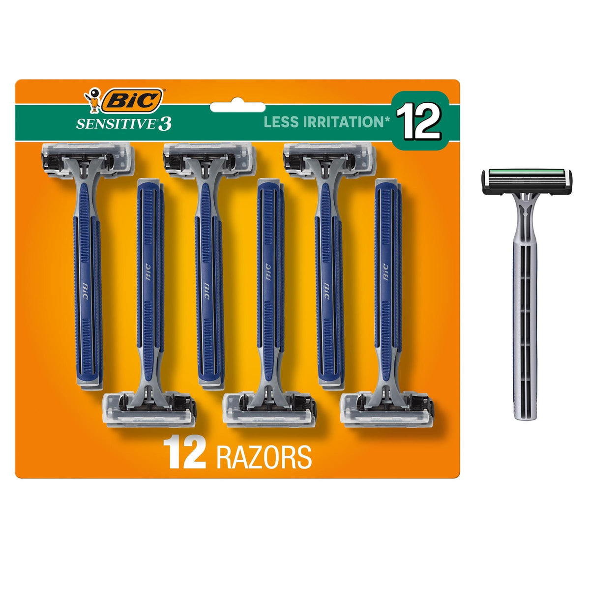 BIC Sensitive 3 front packaging showing 12-count value pack and benefits