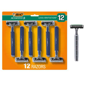 BIC Sensitive 3 front packaging showing 12-count value pack and benefits