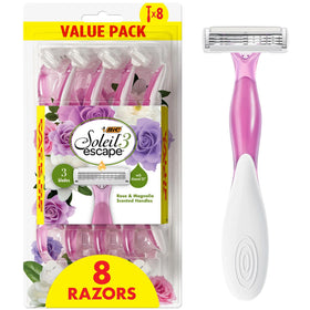 BIC Soleil 3 Escape front packaging showing eight razors and floral design for convenience