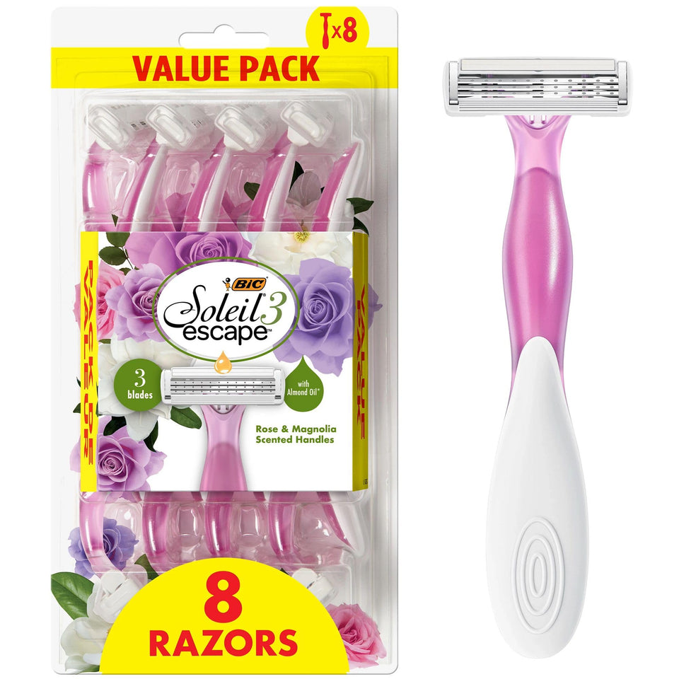 BIC Soleil 3 Escape front packaging showing eight razors and floral design for convenience