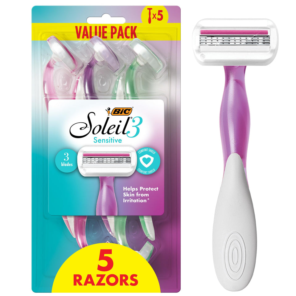 BIC Soleil 3 Sensitive pack front view showing five disposable razors for convenient shaving