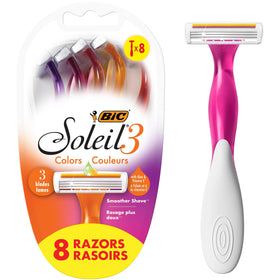 BIC Soleil front packaging showing eight colorful disposable razors for travel convenience