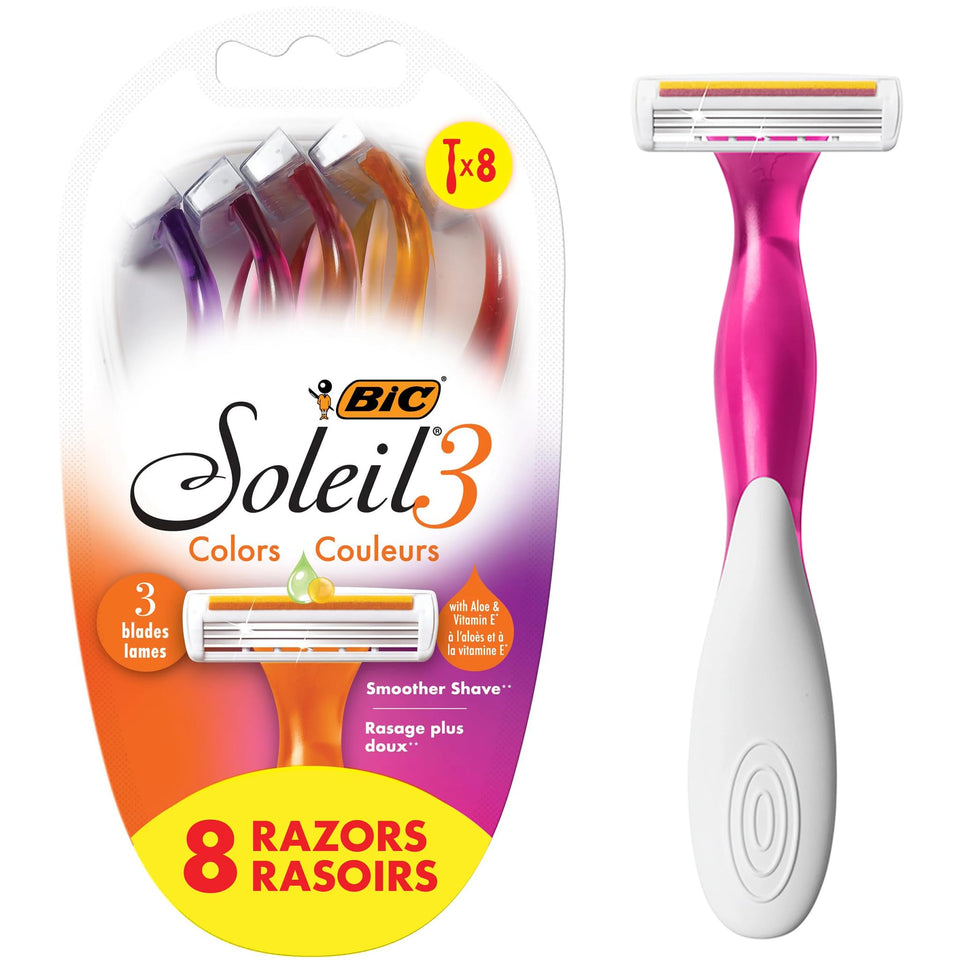 BIC Soleil front packaging showing eight colorful disposable razors for travel convenience