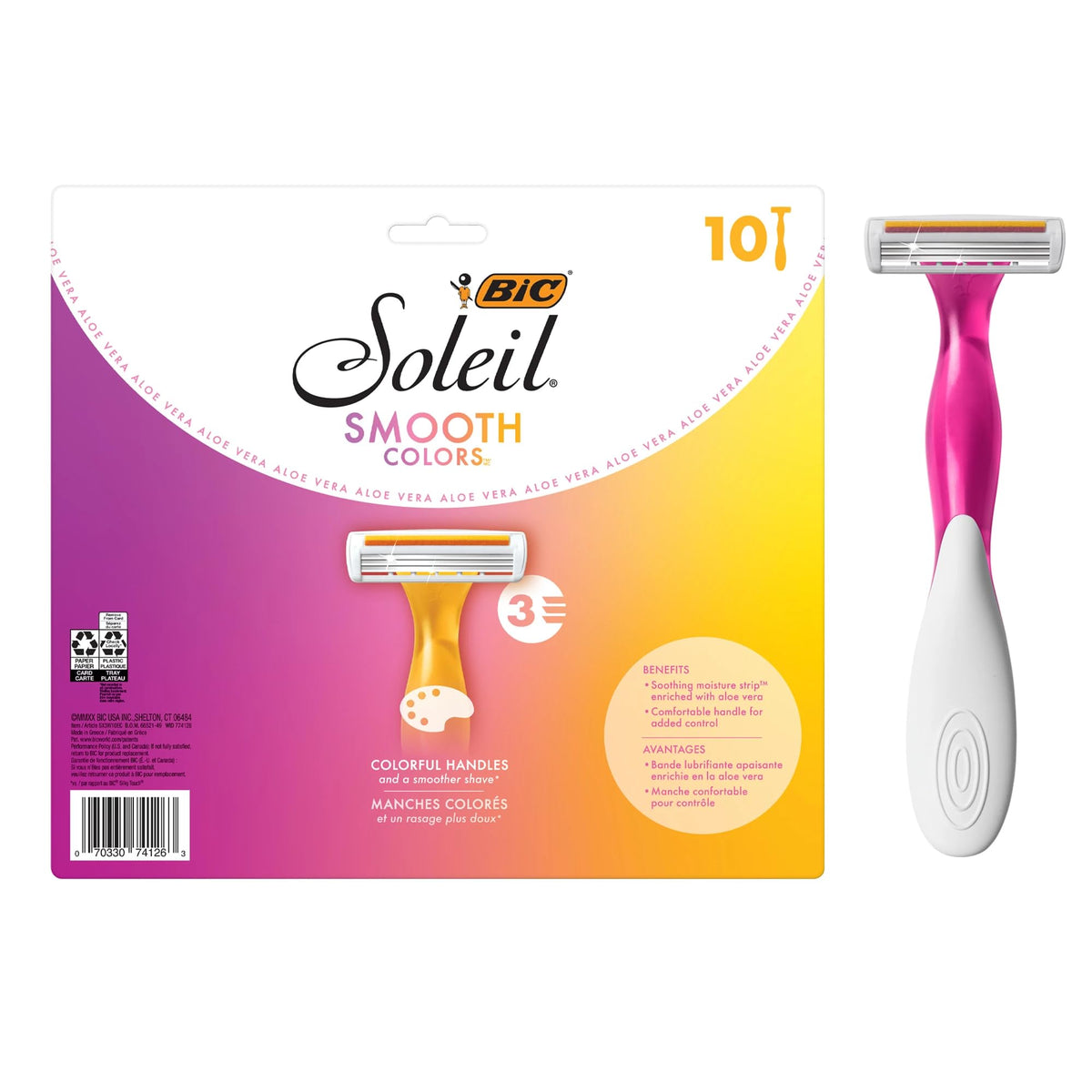BIC Soleil front packaging showing 10 colorful disposable razors and pack benefits