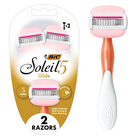BIC Soleil 5 front packaging showing two travel razors and benefits