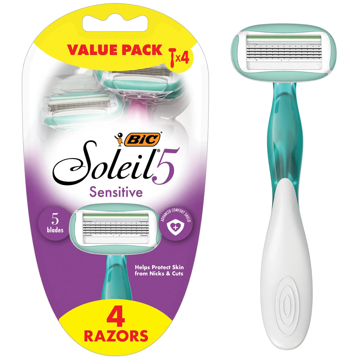 BIC Soleil 5 front packaging showing four razors and travel convenience