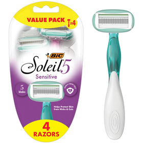 BIC Soleil 5 front packaging showing four razors and travel convenience