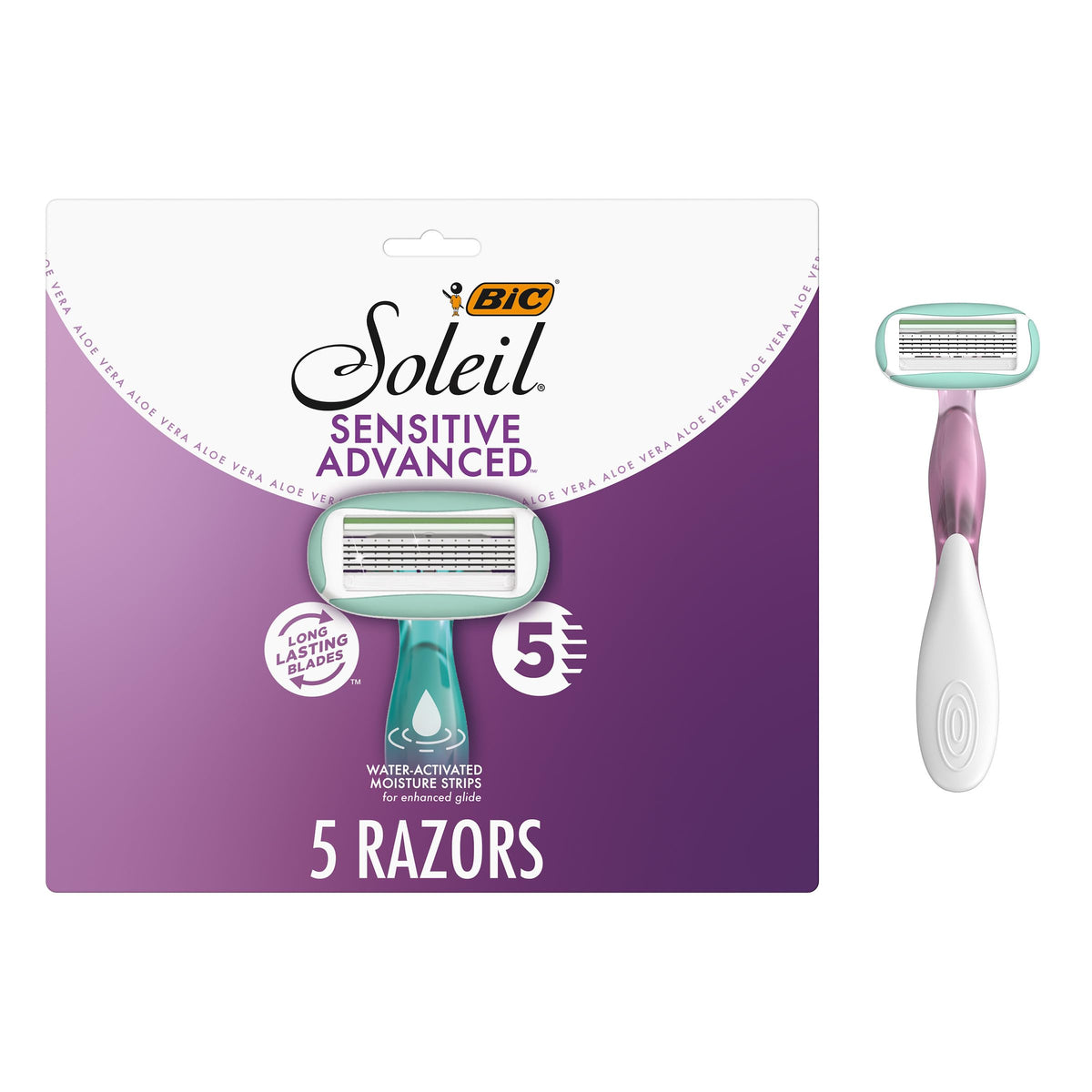 BIC Soleil 5 Sensitive front pack showing five razors for convenience