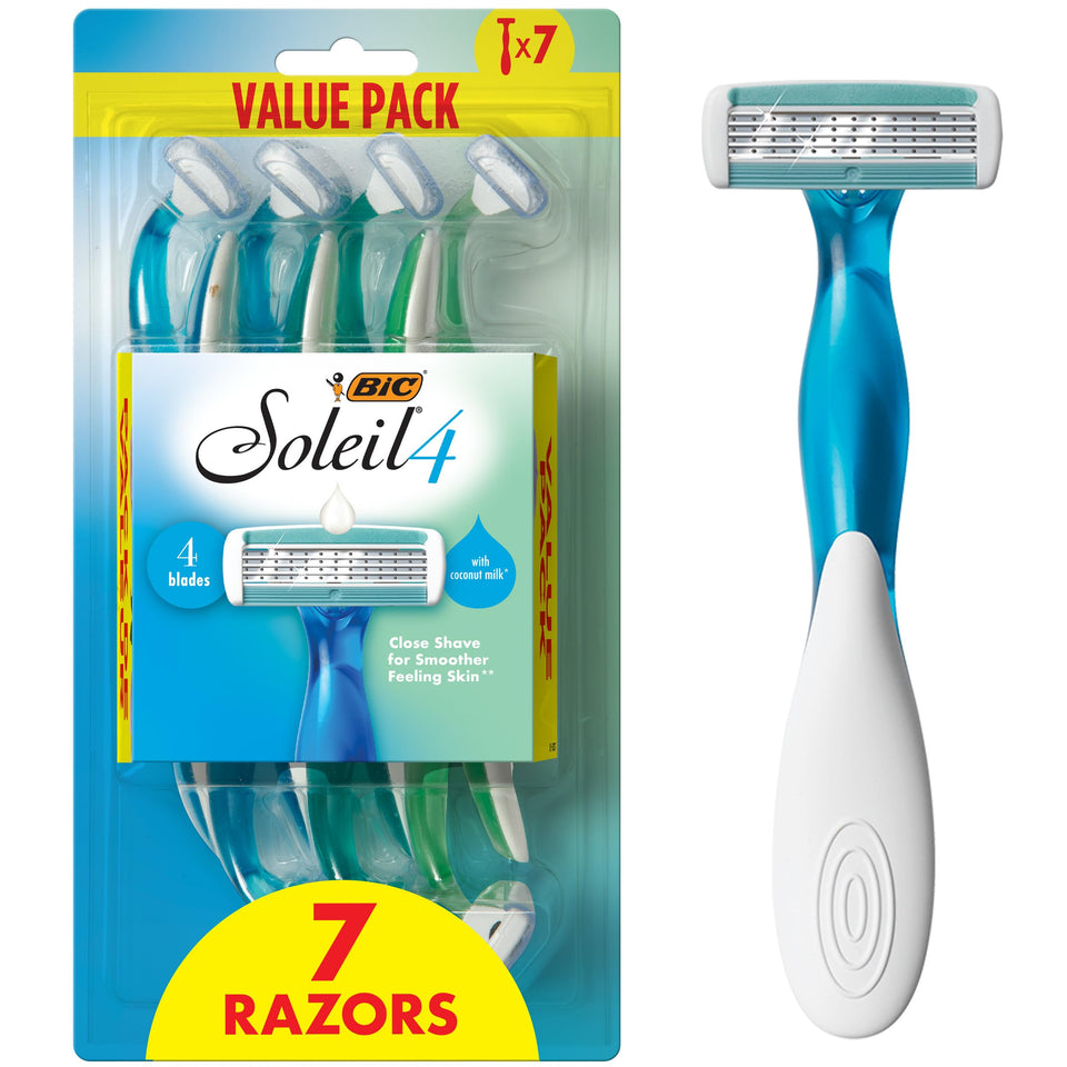 BIC Soleil 4 front packaging showing seven disposable razors and benefits