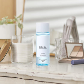 Bifesta on bathroom shelf among skincare, convenient everyday routine benefit