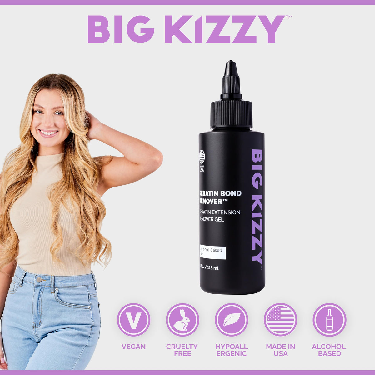 Big Kizzy applied to keratin bond close-up illustrating controlled, damage-reducing removal
