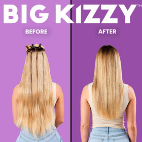 Big Kizzy 8oz bottle next to hand to show compact salon-friendly size