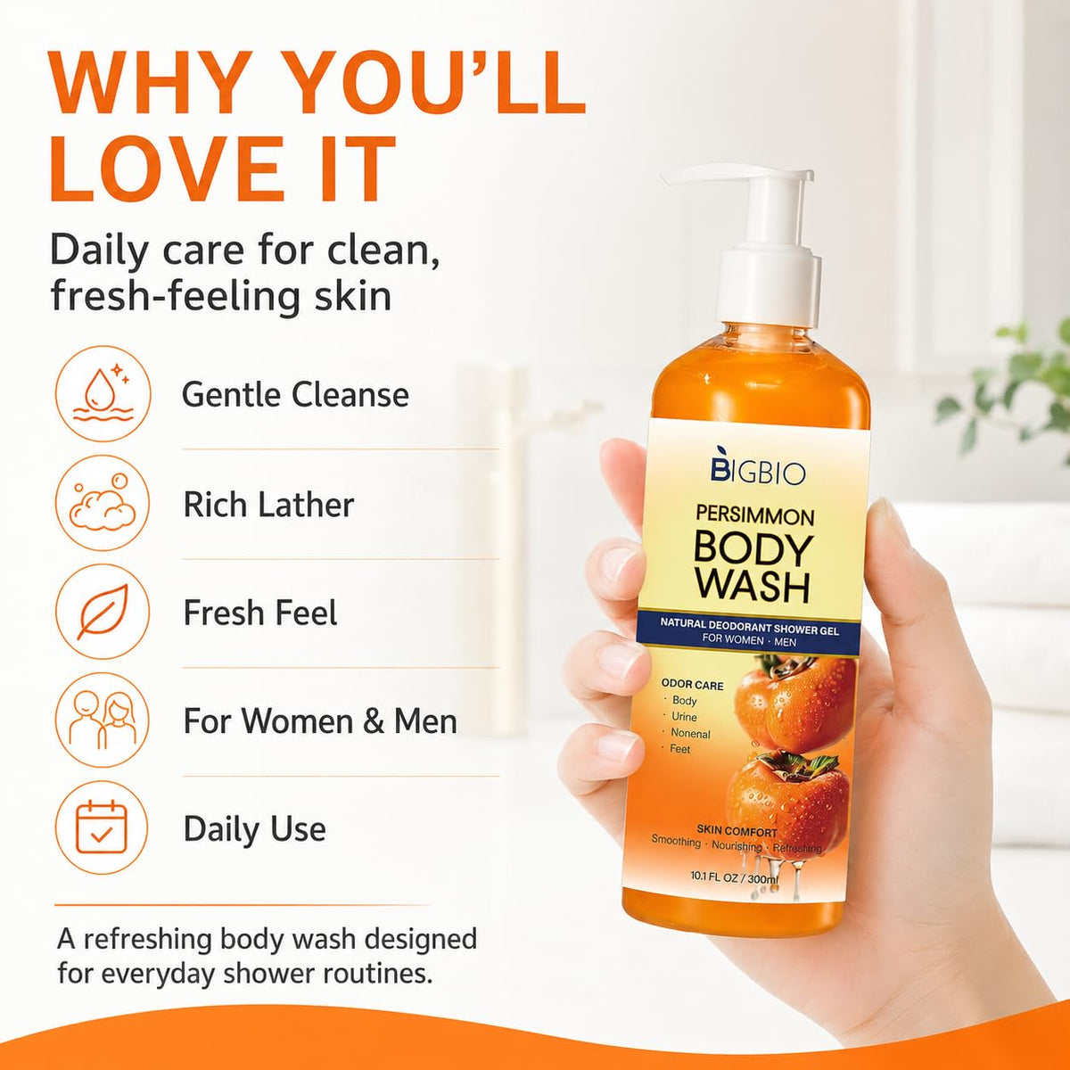 BIGBIO in-shower use showing rinse-off freshness benefit