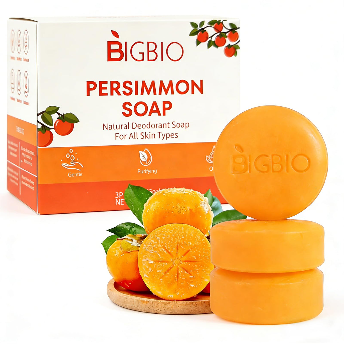 BIGBIO front packaging showing the 3-piece persimmon soap set and clear benefits