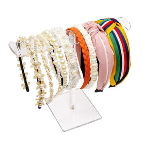 Bigfety front view of clear headband holder showing neat display benefit
