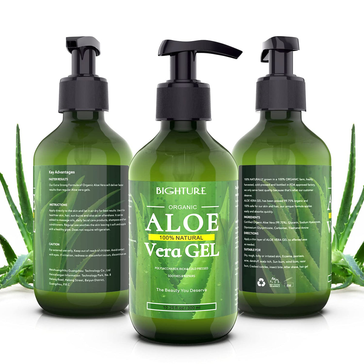 BIGHTURE label close-up detailing 100% fresh aloe ingredients