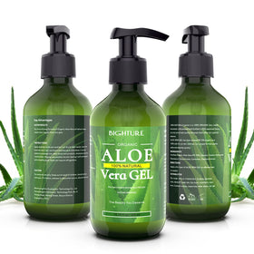 BIGHTURE label close-up detailing 100% fresh aloe ingredients