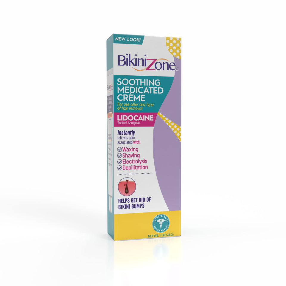 Bikini Zone front packaging showing calming after-shave benefits