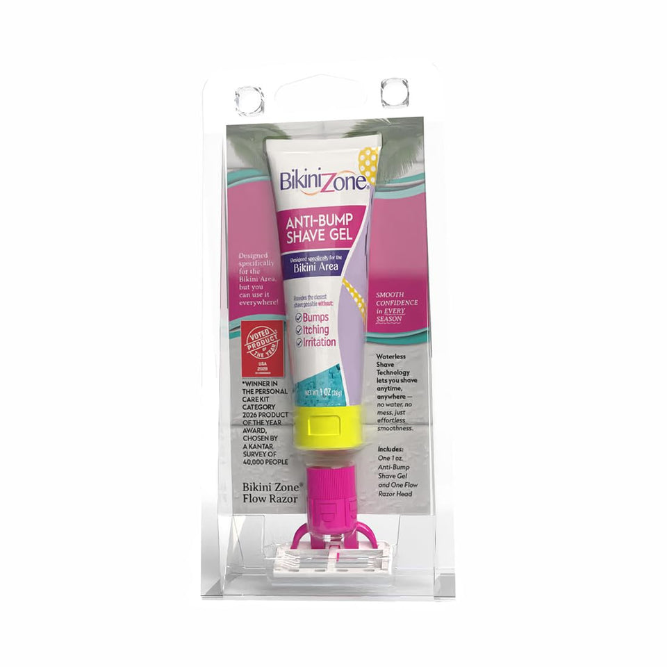Bikini Zone front packaging showing compact travel razor and 1 oz gel for convenience