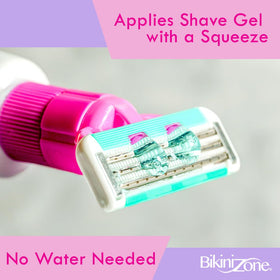 Bikini Zone razor and gel inside a toiletry bag illustrating TSA-friendly travel ease