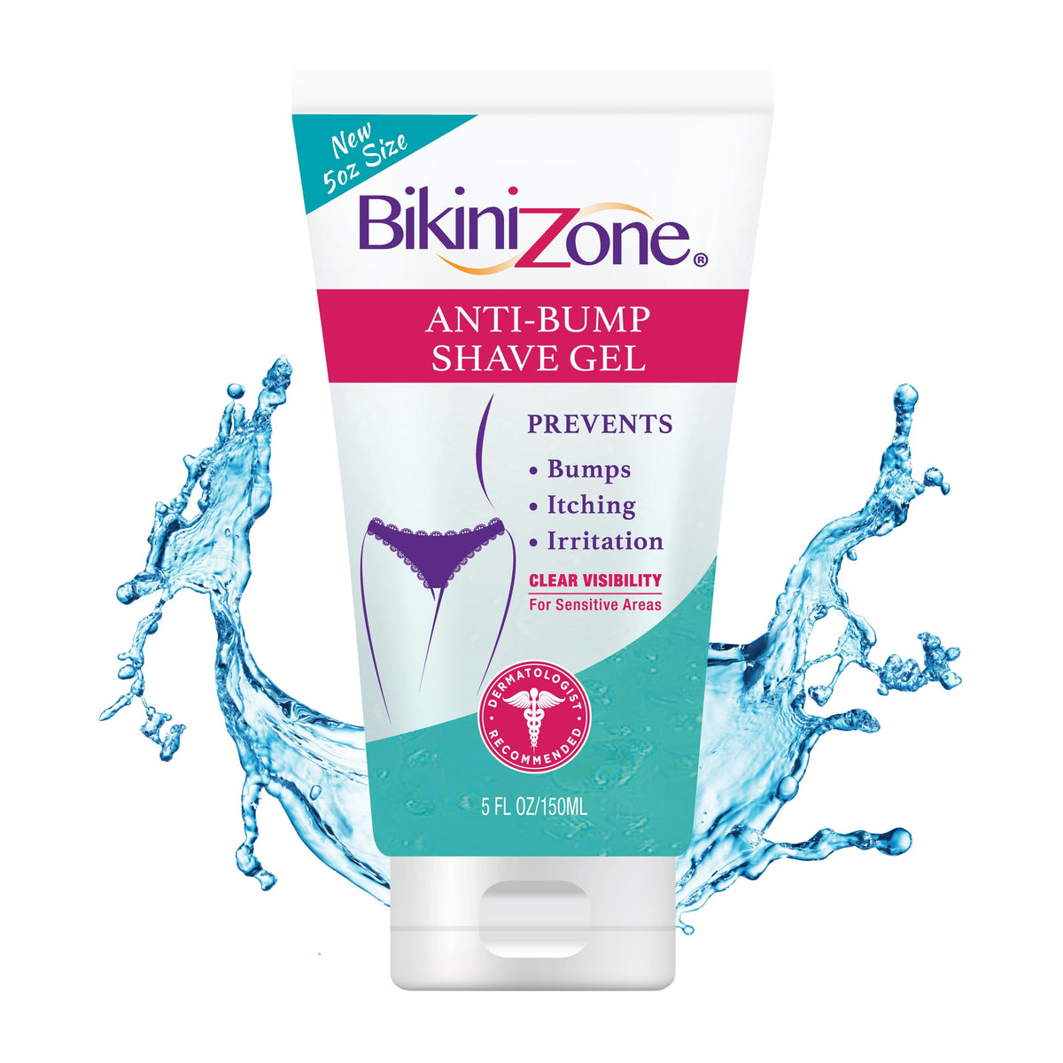 Bikini Zone front packaging showing tube and 5 oz size for visible product info and quick selection