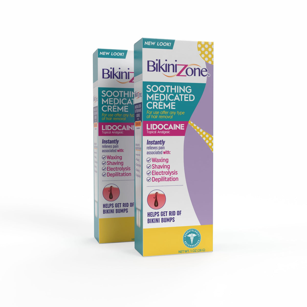Bikini Zone front packaging showing two 1 oz tubes and calming benefit