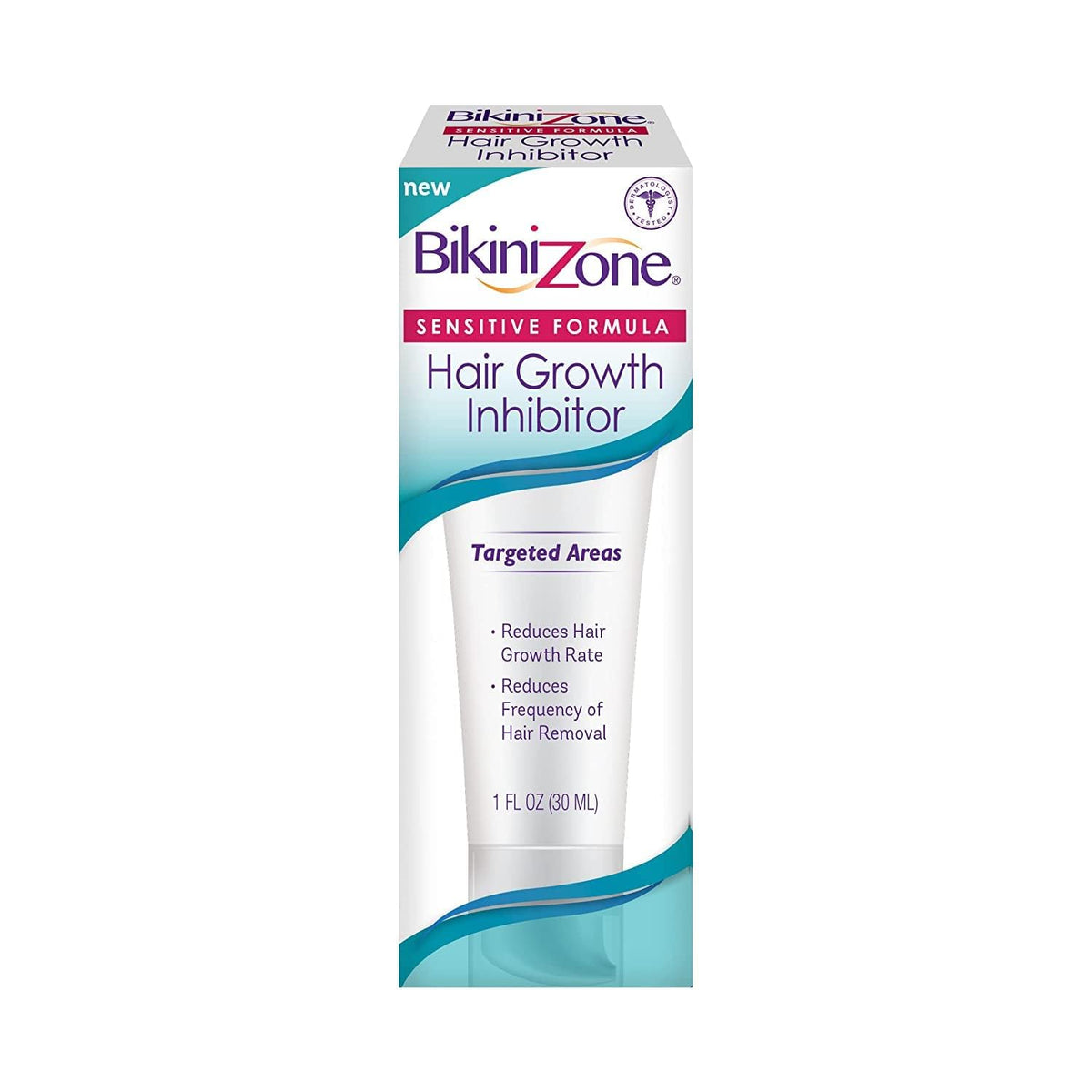 Bikini Zone tube front view showing product branding and size benefit