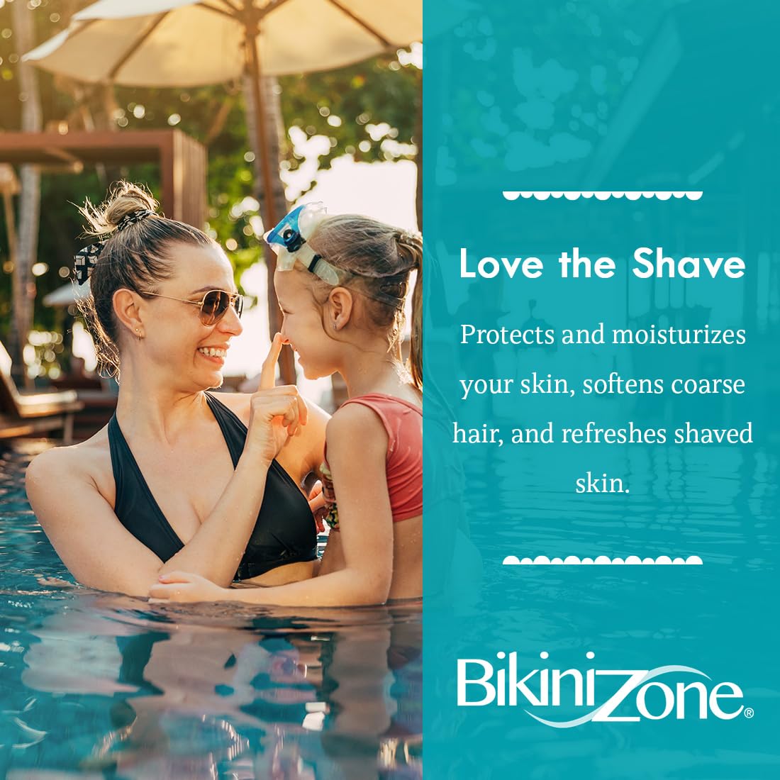Bikini Zone label detail showing ingredient highlights including aloe vera and botanical extracts
