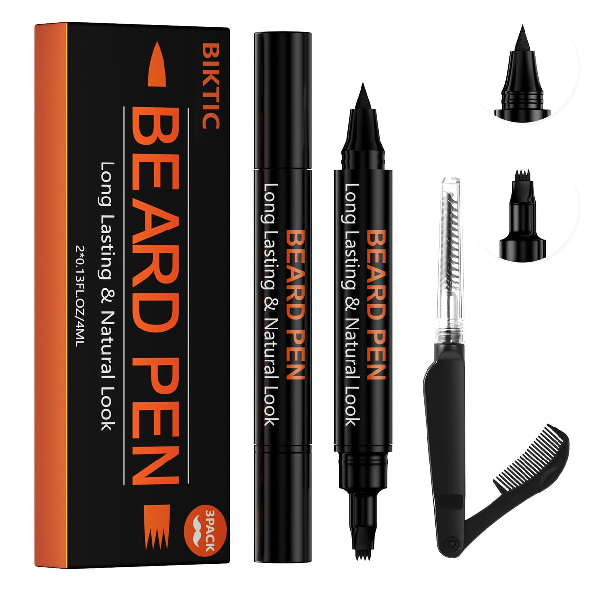 BIKTIC front packaging showing three black beard pens and branding for long-lasting coverage