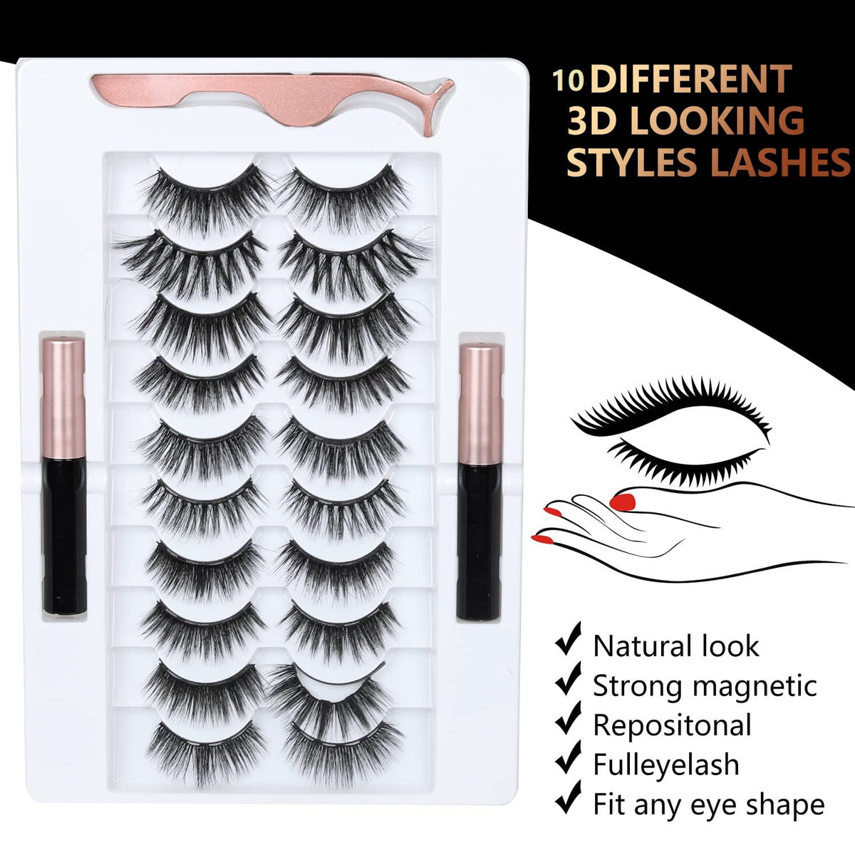 BILEYCHA open tray displaying ten different eyelash styles for versatility