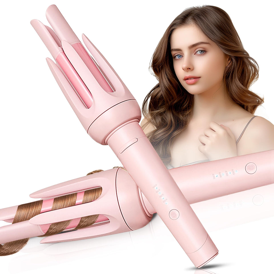 BILITOK auto hair curler front view showing controls and pink finish for easy styling