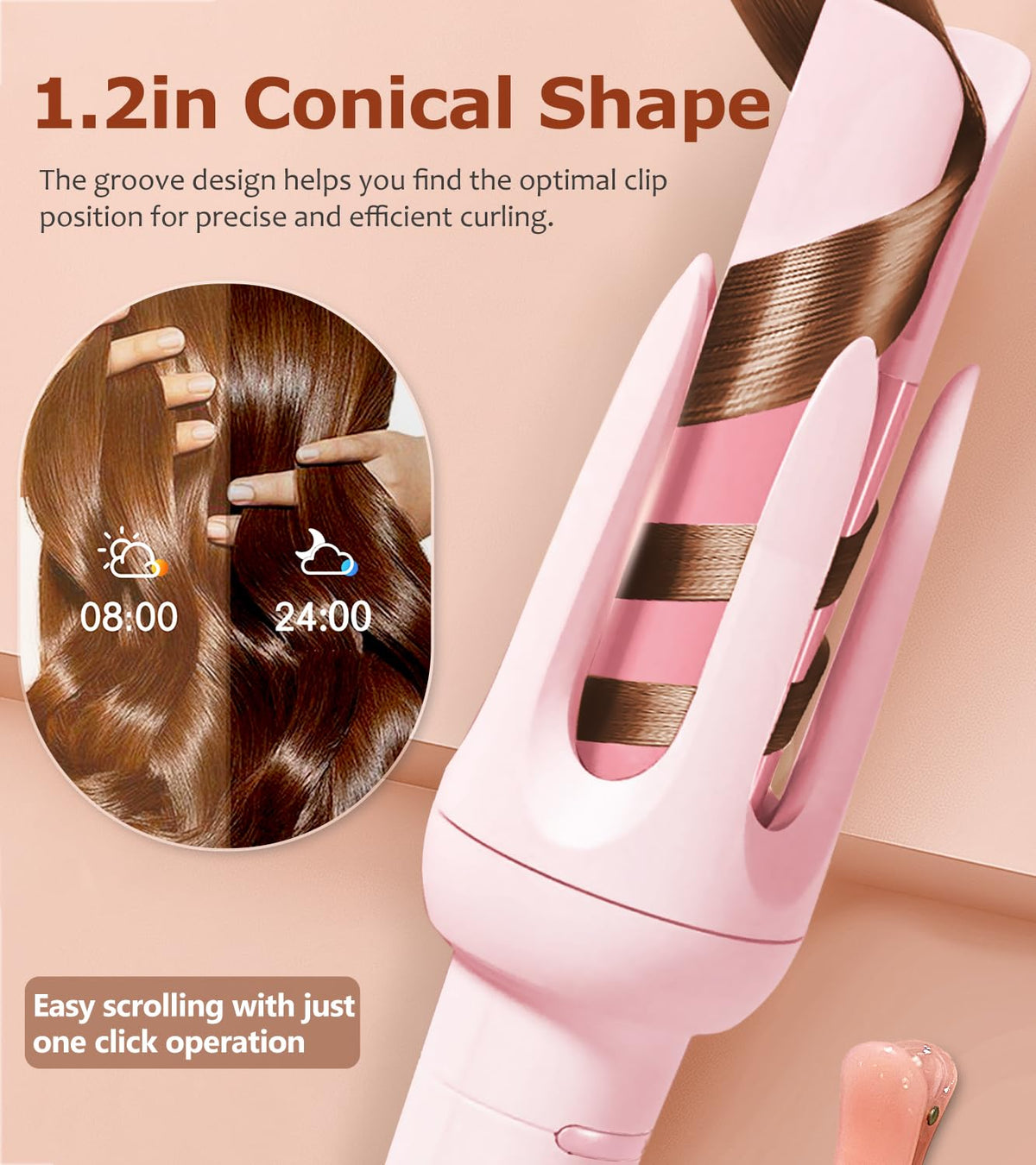 BILITOK curling wand rotation detail demonstrating two-way rotation for balanced curls