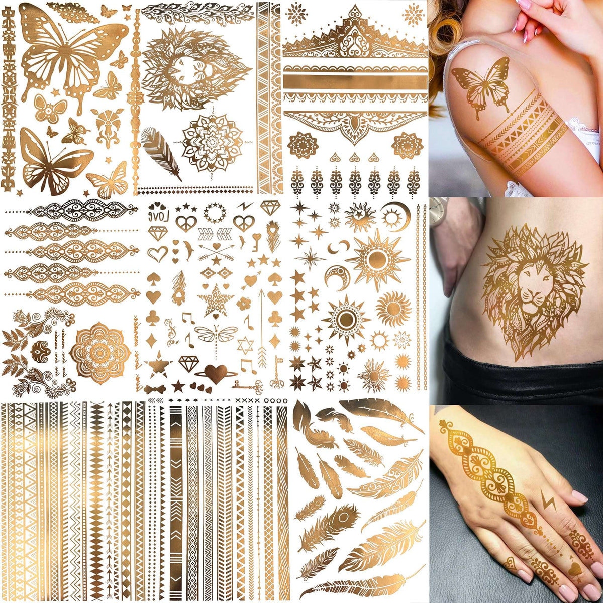 Bilizar front view nine sheets showing varied gold designs and benefit of selection