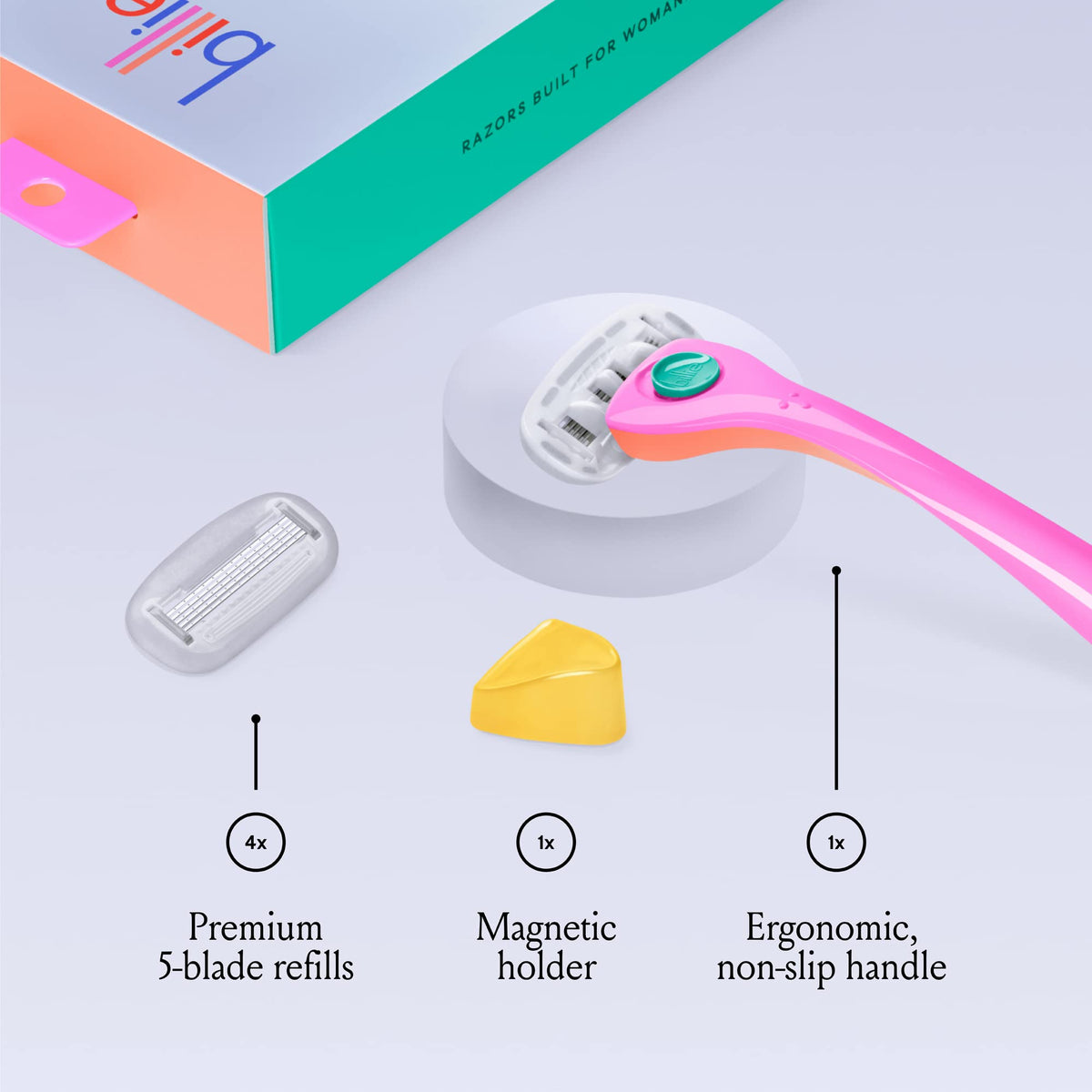Billie five-blade refill cartridge close-up demonstrating precise blades for smooth shave