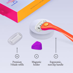 Billie 5-blade cartridge close-up displaying blades and aloe shave soap for smooth glide