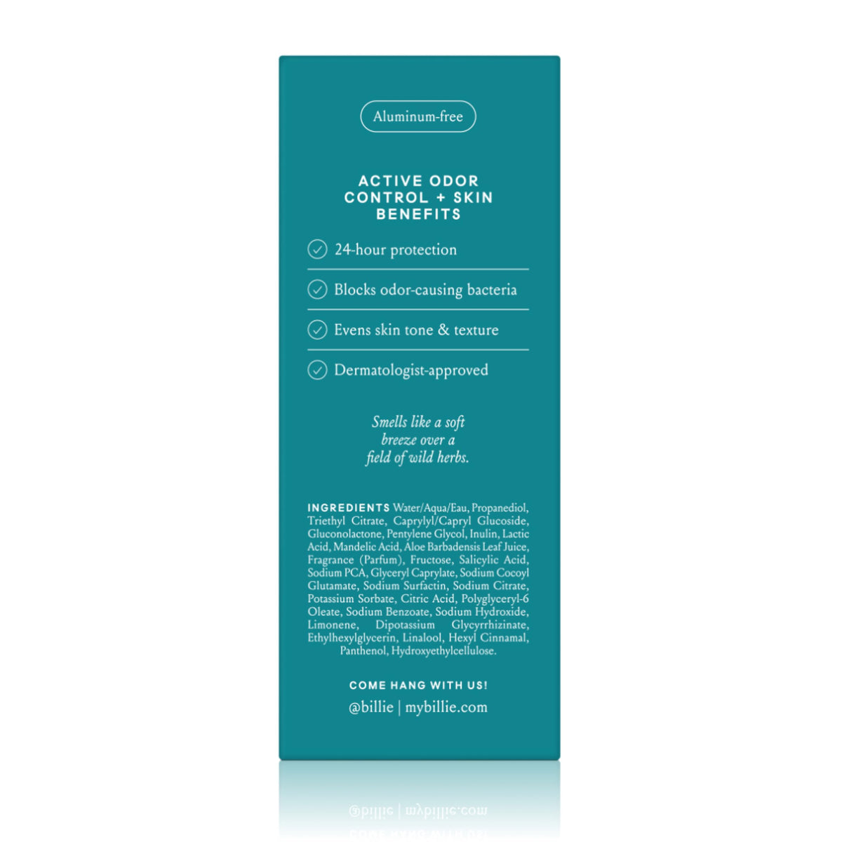 Billie aluminum-free badge detail emphasizing gentle formulation advantage