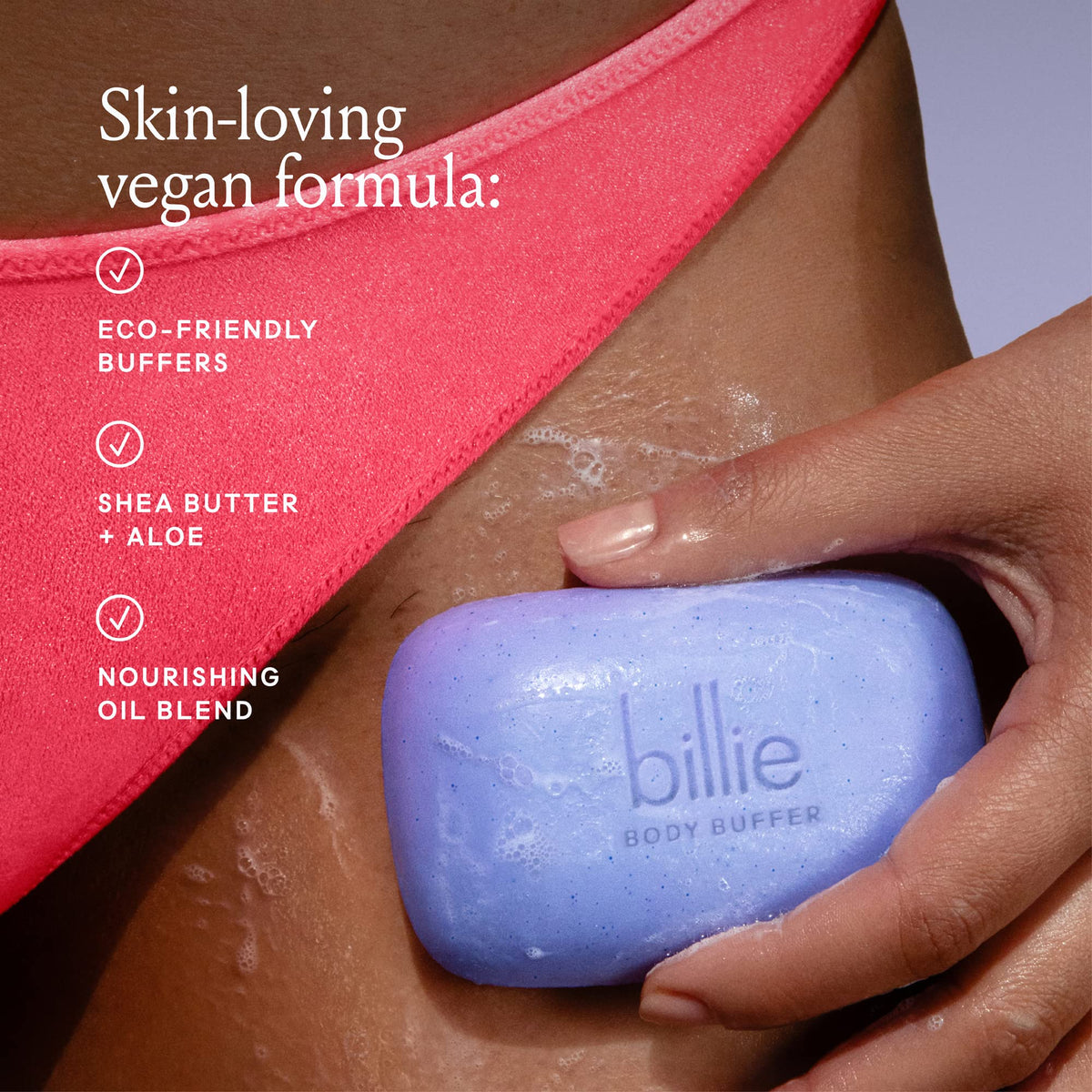 Billie buffer creating foamy lather in shower for quick pre-shave use