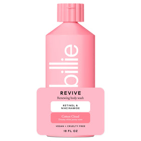 Billie bottle front packaging showing Cotton Cloud scent and benefit of hydrating cleanse