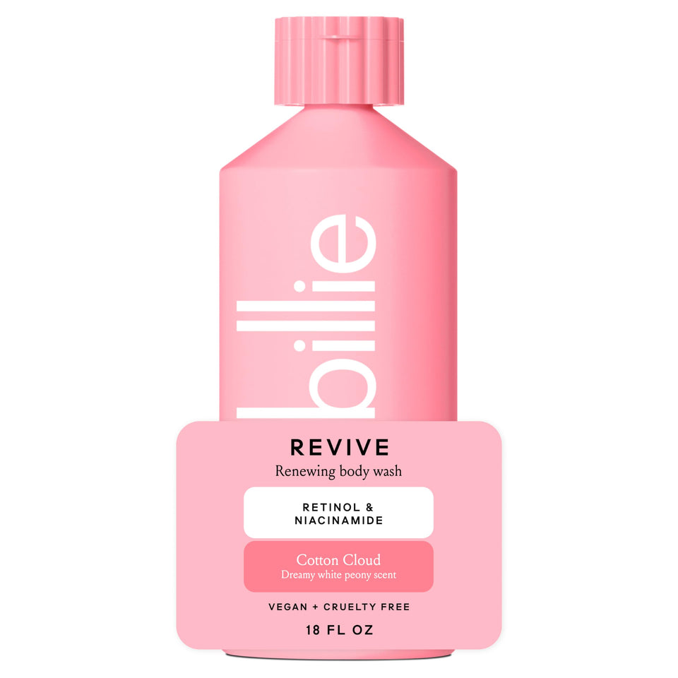 Billie bottle front packaging showing Cotton Cloud scent and benefit of hydrating cleanse