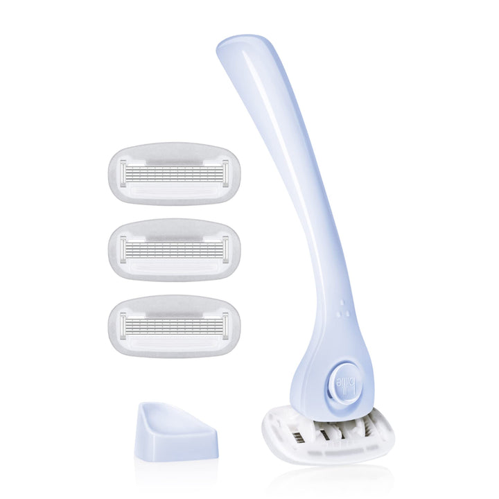 Billie cool blue razor front view showing sleek design and easy grip