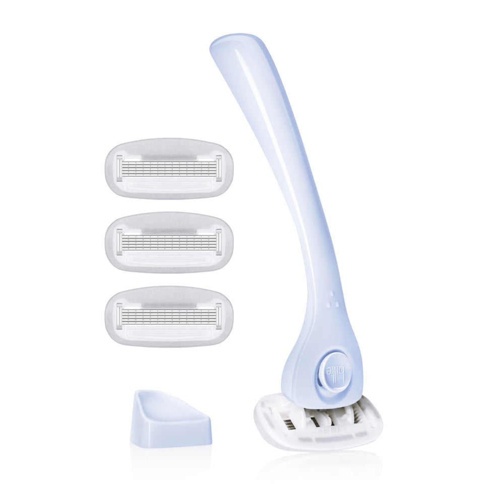 Billie cool blue razor front view showing sleek design and easy grip