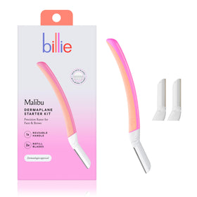 Billie dermaplane kit front packaging showing contents and benefits