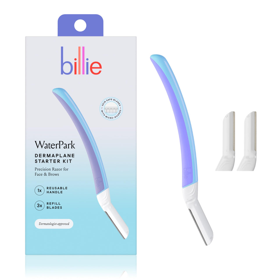 Billie dermaplane starter kit packaging showing handle and blades for easy at-home smoothing
