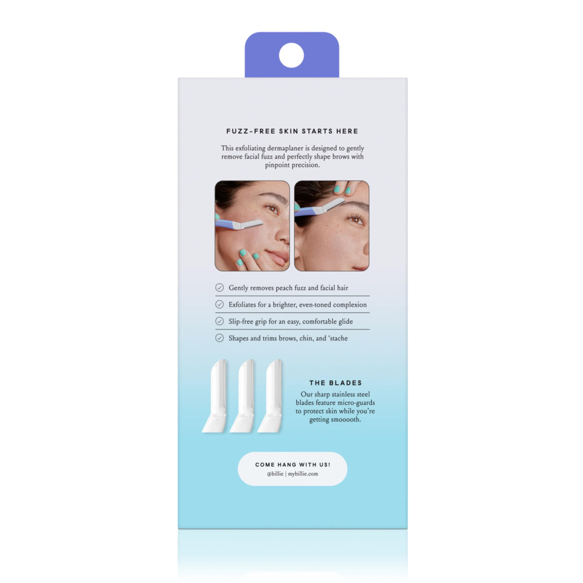 Starter kit spread showing Billie guide and three refill blades for simple setup