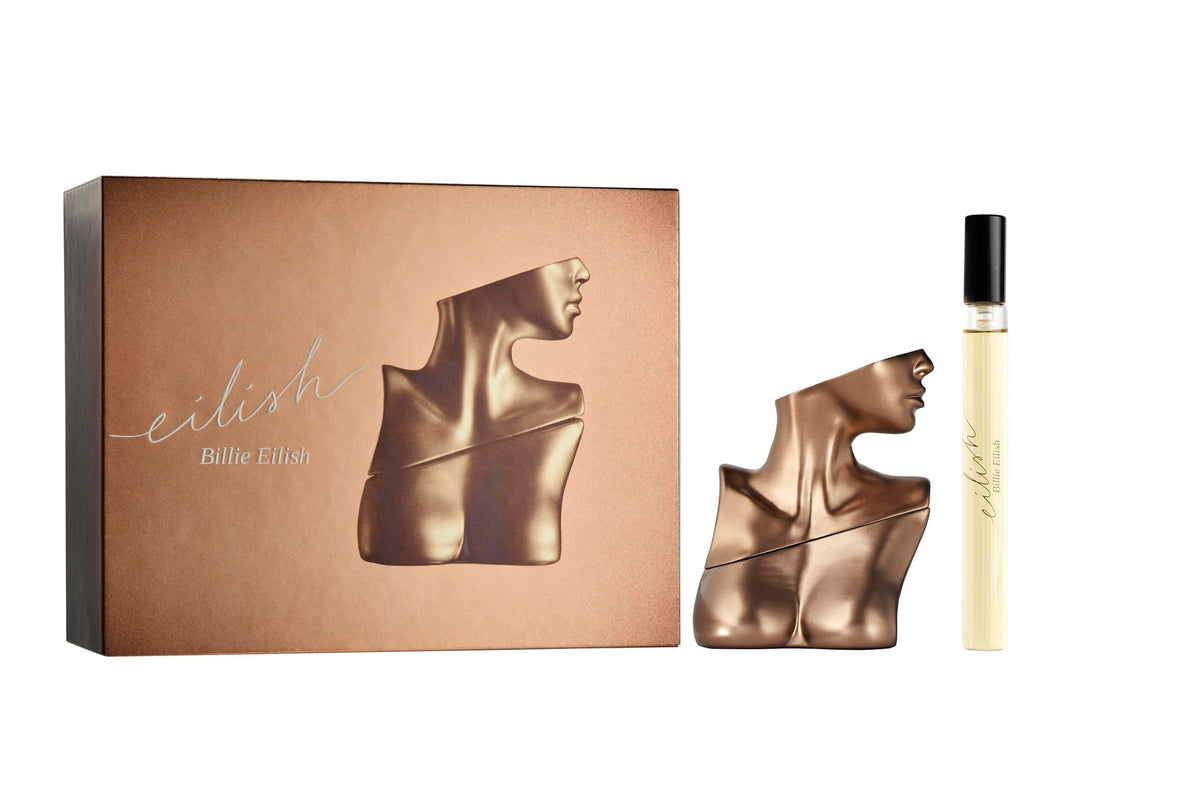 Billie Eilish gilded bottle front view showing design and confident presentation