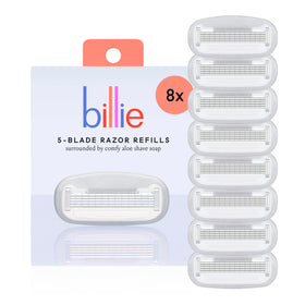 Billie front packaging showing eight refill cartridges and convenient stock-up benefit